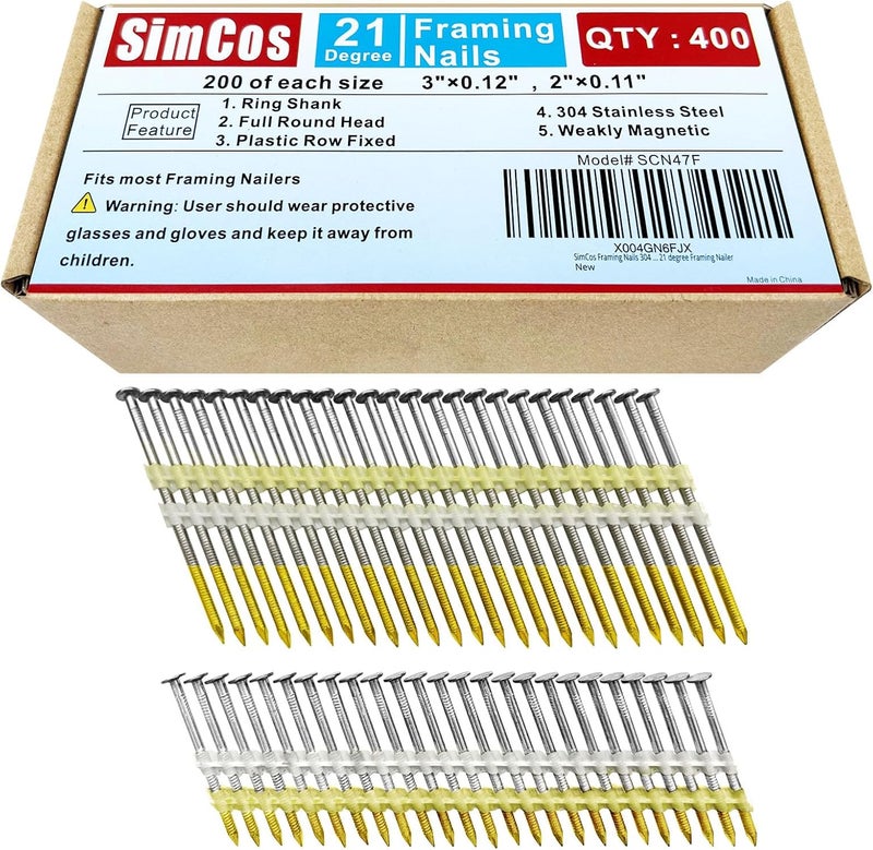 SimCos Framing Nails 304 Stainless Steel 21° Full Round Head Nail 21 Degree Ring Shank Nail for Pneumatic, Electric 21 degree Framing Nailer (2"+3 "-400 pcs) - Image 1